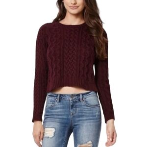 Kendall + Kylie Cropped Fisherman Sweater Cable Knit Burgundy, Size Large